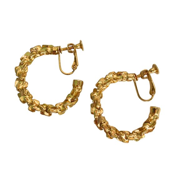 Vintage 60s 70s Gold Tone Brutalist Textured Screw Back Clip Hoop Earrings MCM - Picture 6 of 8